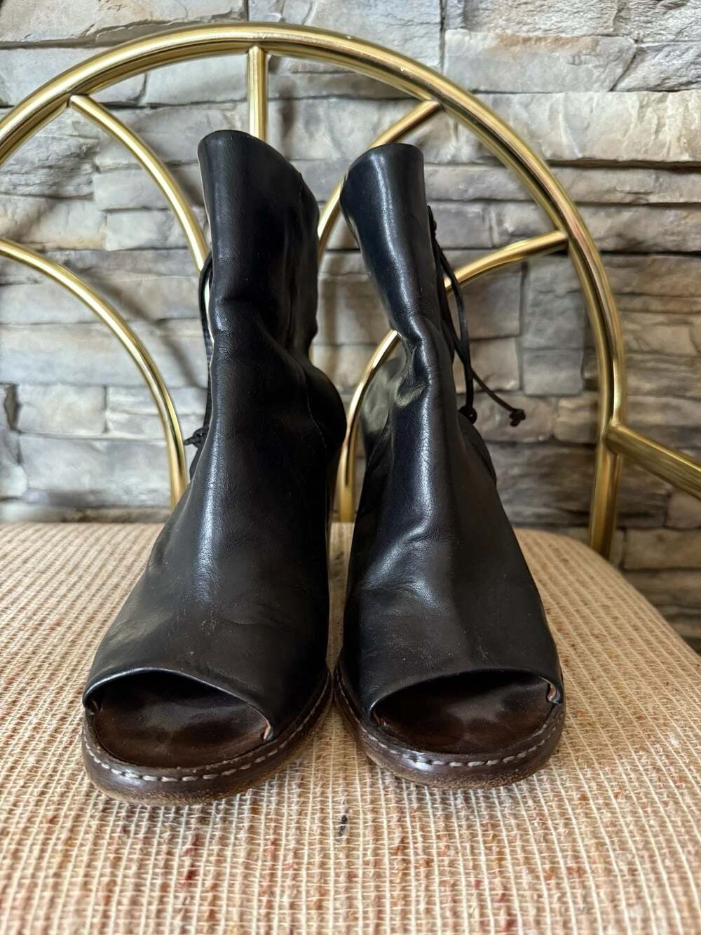 Buttero Black Leather Peep Toe Slingback Block Heel Boots Size 38 - Picture 4 of 8